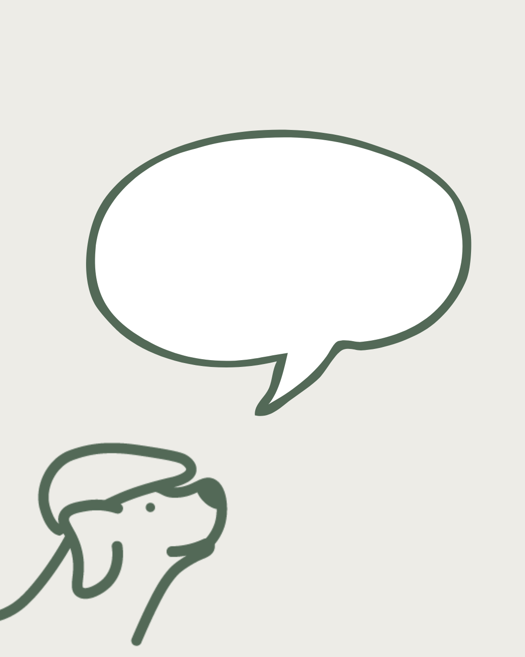 Line drawing of a dog's head with a speech bubble above it.