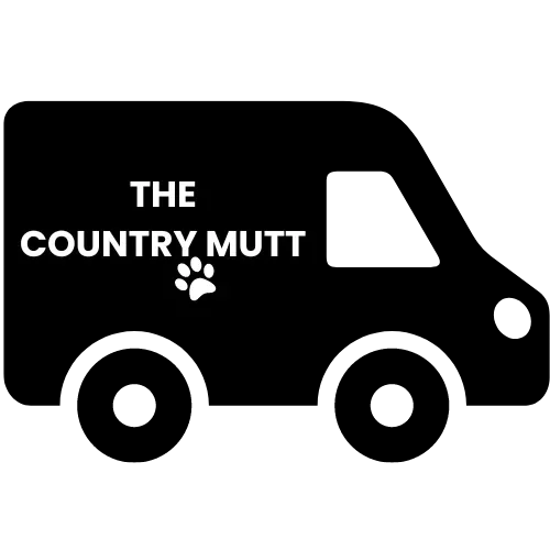 Black background with white text reading 'THE COUNTRY MUTT' and a paw print below the text.