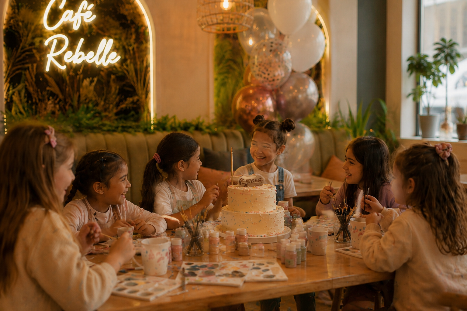 Groupe de jeunes filles souriantes lors d'une fête d'anniversaire d'enfants autour d'un gâteau blanc à deux niveaux, décoré de confettis colorés, dans un café nommé 'Café Rebelle' avec des ballons et des décorations festives en arrière-plan.