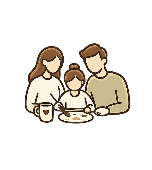 Une famille réunie autour d'une table, une mère, un père et leur enfant essuyant la vaisselle.