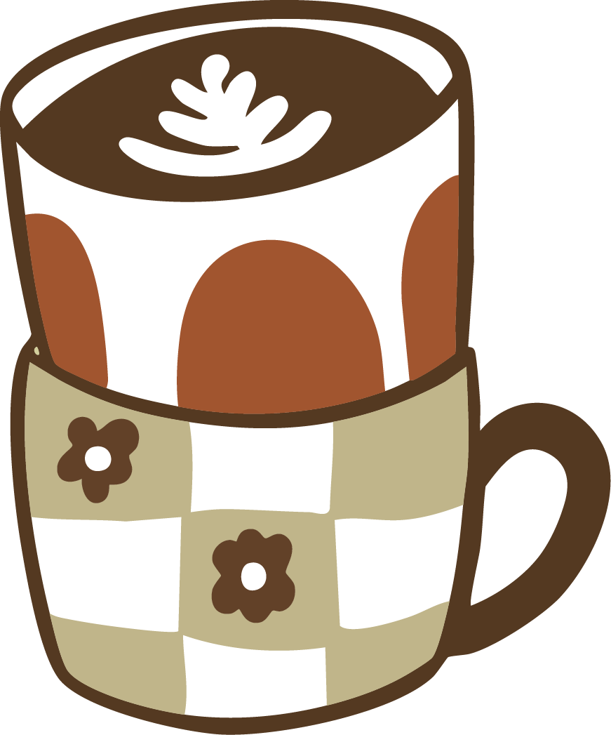 Une tasse Mug marron avec un motif à carreaux noirs et beiges et des fleurs marron, contenant une boisson chaude décorée avec une petite branche ou un bâton de cannelle.