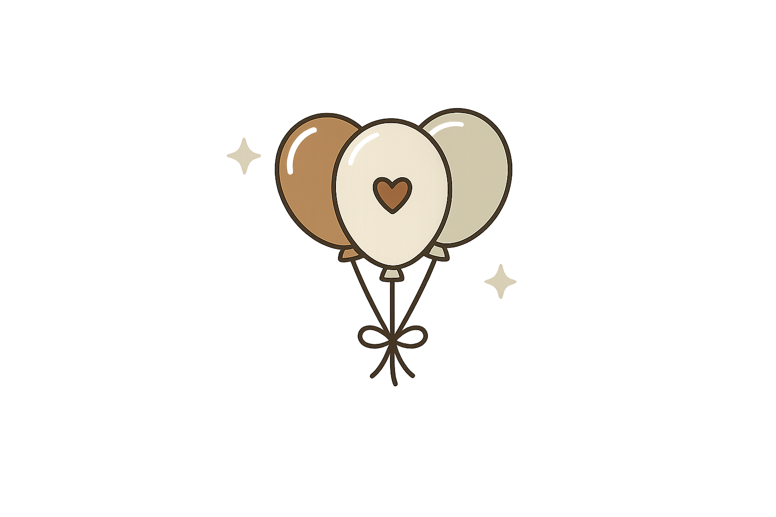Un bouquet de ballons avec un cœur au centre, en 3 couleurs : beige, blanc et marron, attachés avec un ruban.