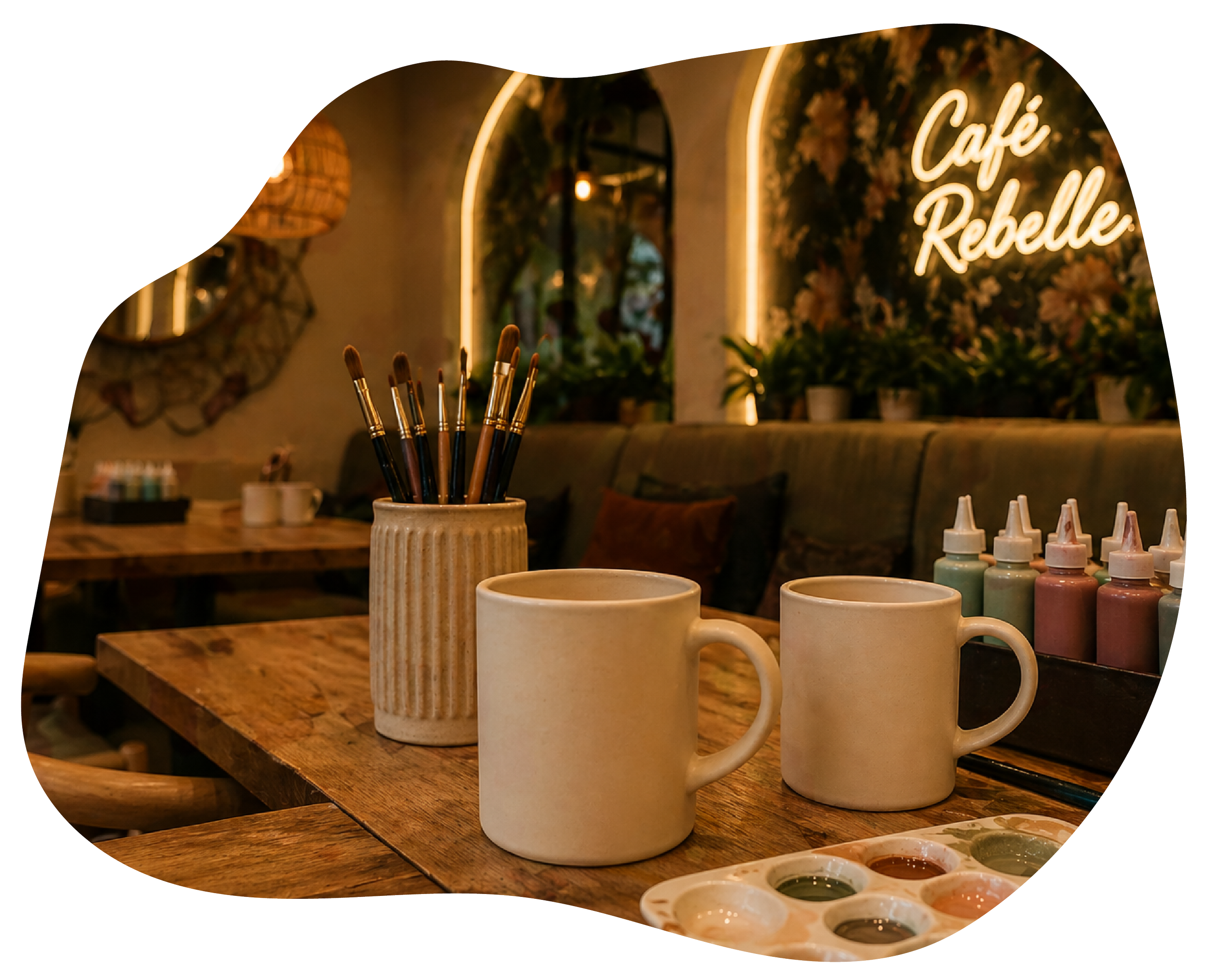 Un intérieur de café avec des mugs, des bouteilles de sirop et des pinceaux