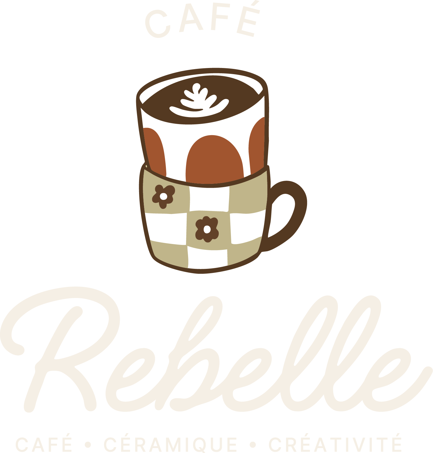 Logo avec une tasse de café marron et noir, avec la inscription "Rebelle" en blanc en dessous, et les mots "Café, Céramique, Créativité" en bas.