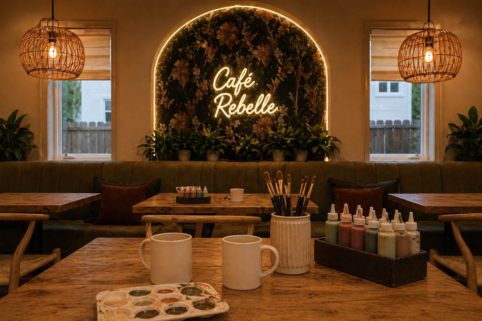 Un salon de café appelé 'Café Rebelle' avec décoration chaleureuse, luminaires en rotin, fenêtres avec vue sur l'extérieur, tables en bois avec peinture, mugs, pinceaux, bouteilles de peinture colorées, plantes vertes et panneaux lumineux dans le fond.