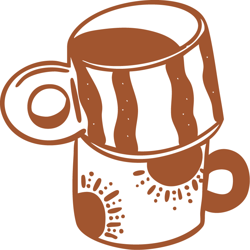 Une illustration stylisée d'une tasse contenant une boisson chaude, avec une boule de thé ou de café flottant dessus, et une cuillère attachée à la tasse.