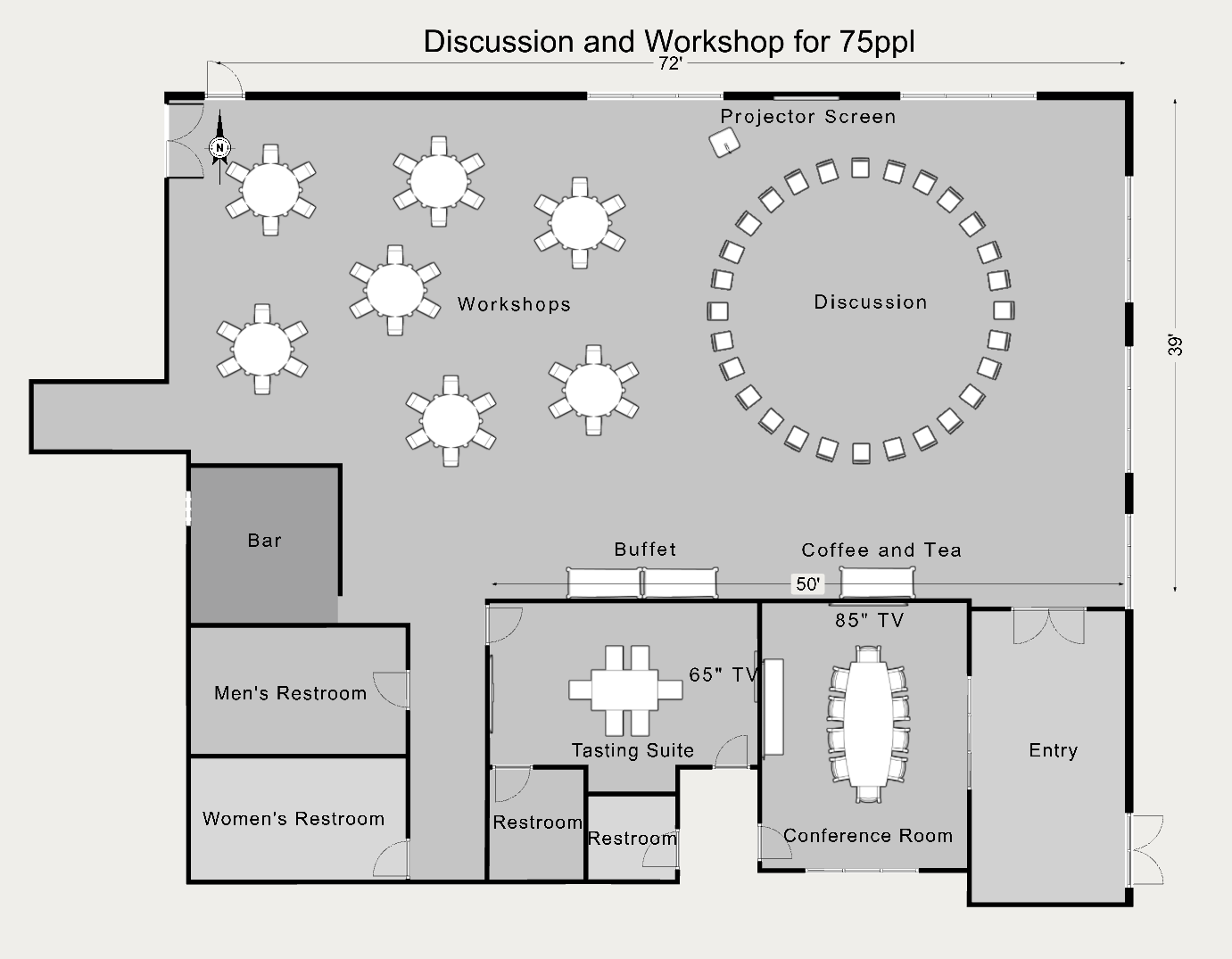 Floor plan of a conference and workshop room with labeled areas including discussion area, workshops, projector screen, bar, men's and women's restrooms, tasting suite, conference room, entry, coffee and tea station, buffet, TVs, and restrooms.