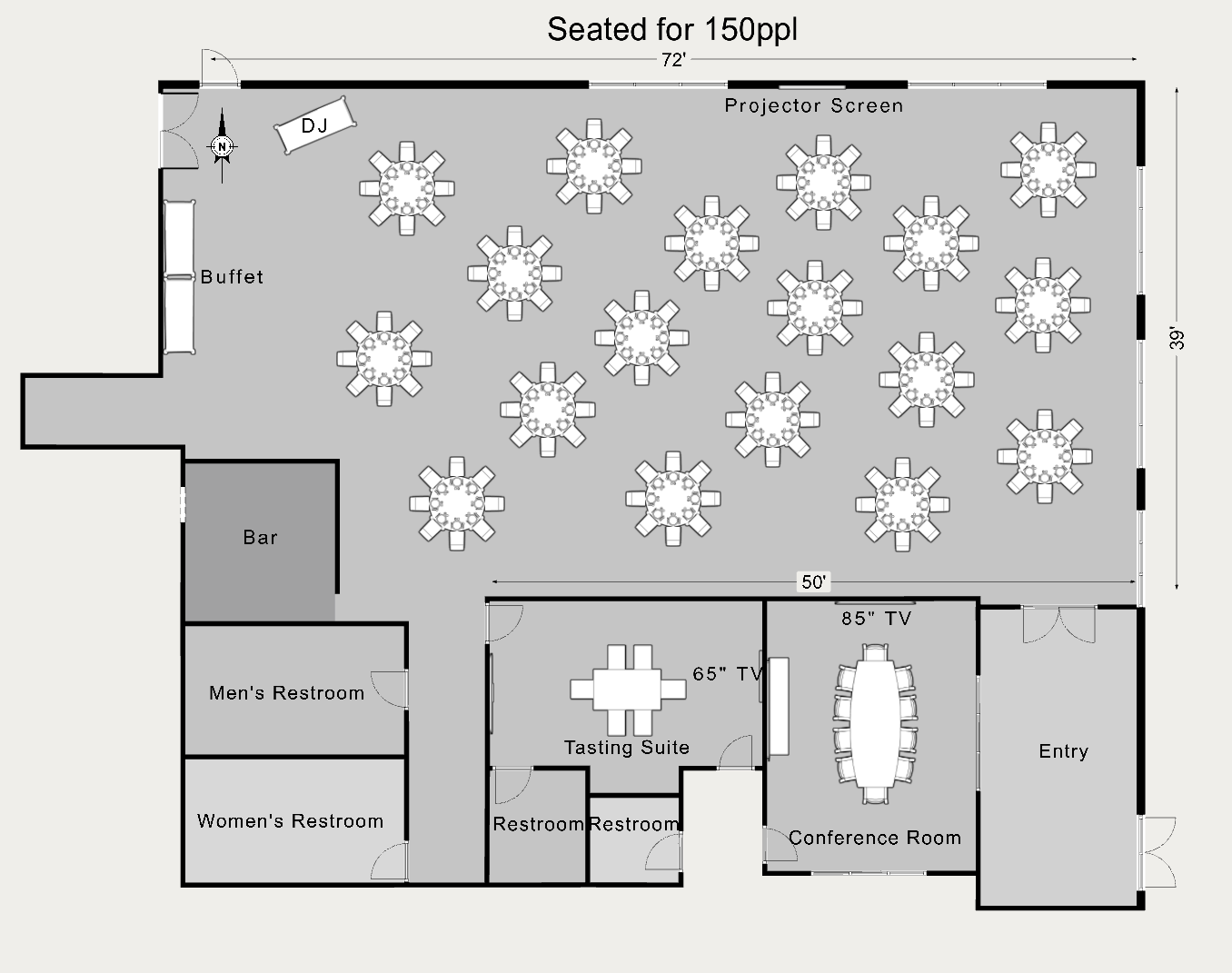Floor plan of event space with 150 seating capacity, tables arranged for dining, a projector screen, DJ booth, buffet area, bar, men's and women's restrooms, tasting suite, two restrooms, conference room, and entry doors.