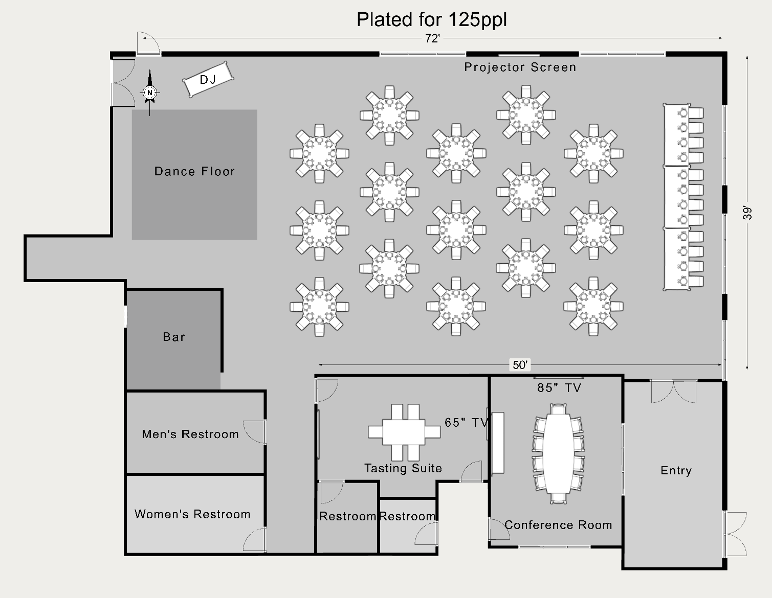 Floor plan of event space with dance floor, tables, DJ booth, projector screen, bar, restrooms, tasting suite, conference room, and entryway. Tables are arranged in a grid pattern with chairs around them.