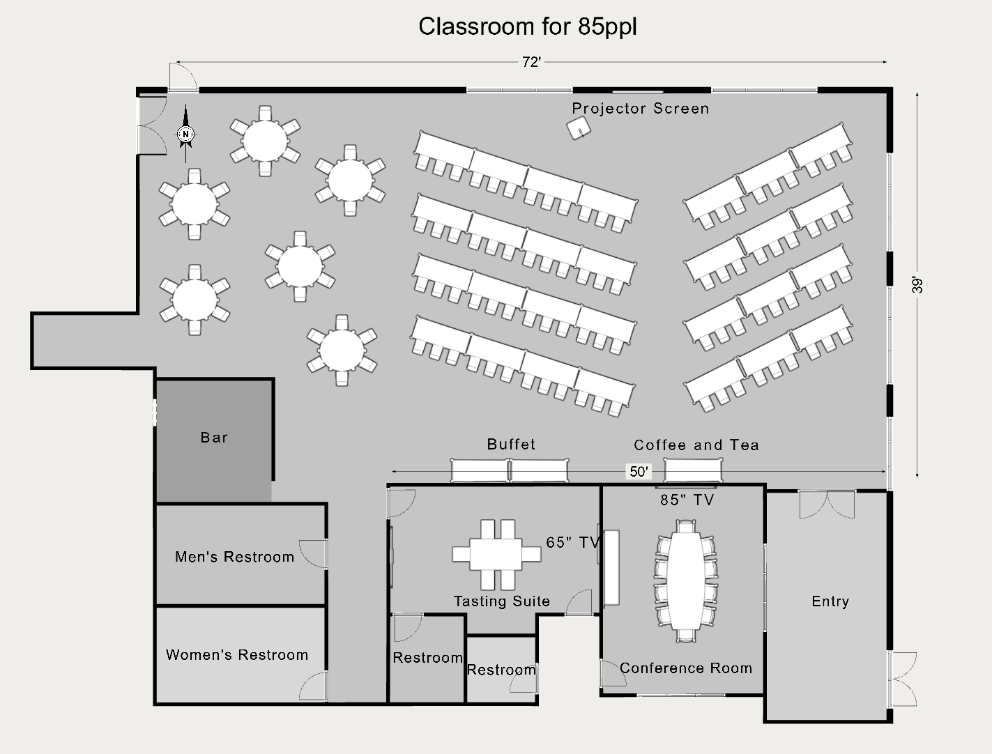 Floor plan of a classroom and event space with designated areas for a bar, restrooms for men and women, a tasting suite, a conference room, and multiple tables and chairs arranged for presentations and dining. The layout includes a projector screen, 
