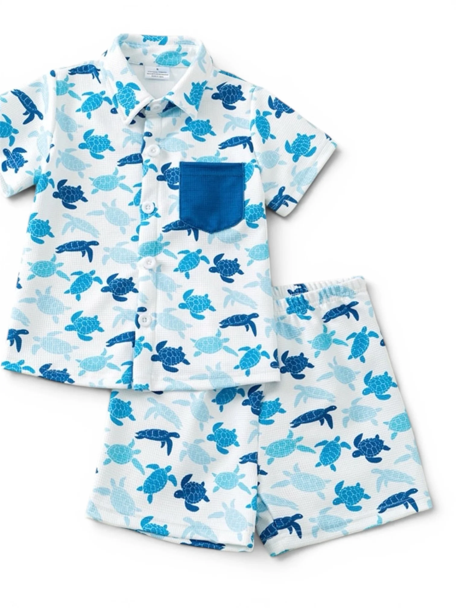 Blue Turtle Button-Up Shorts Set