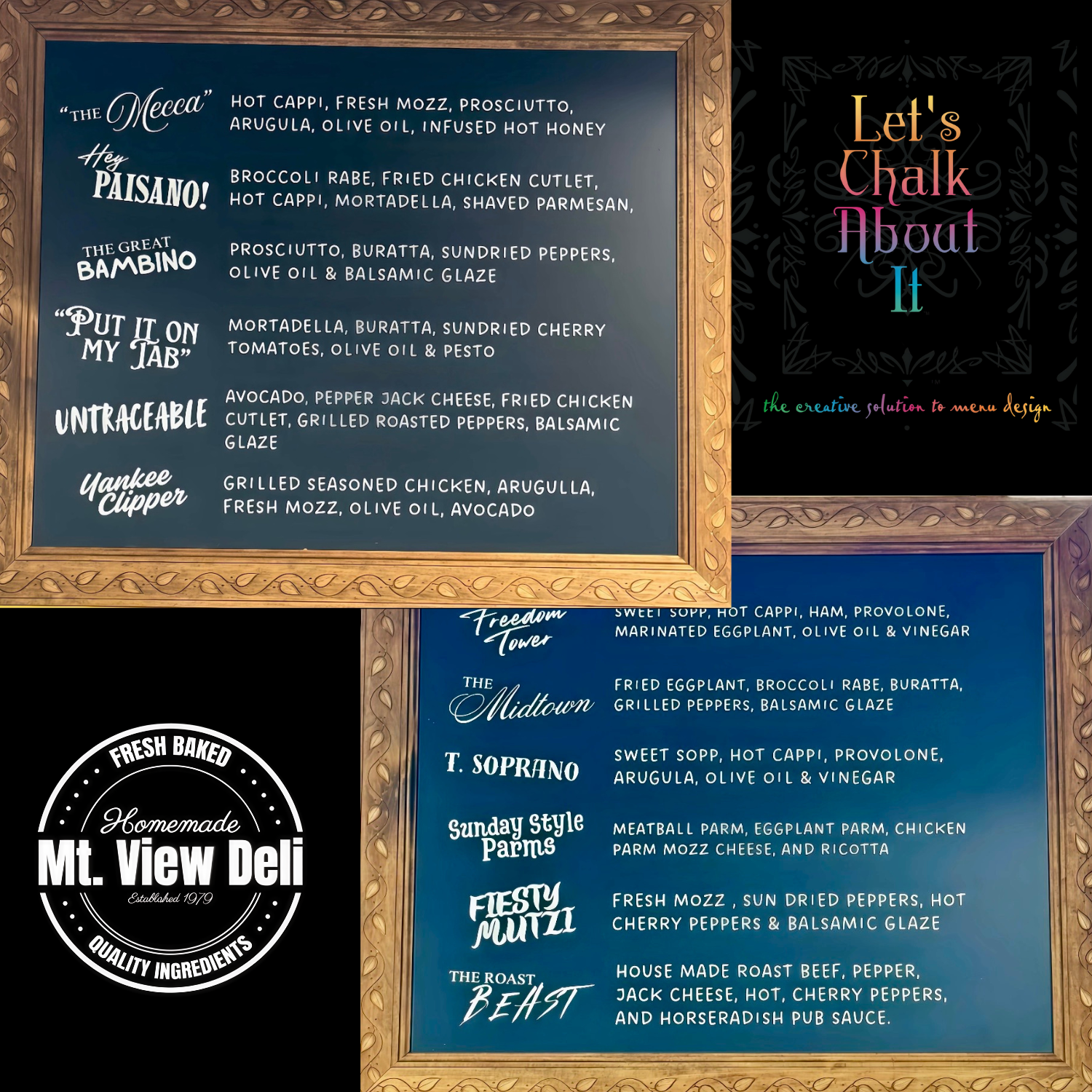 Two chalkboards with menu listings at Mt. View Deli. The top chalkboard features sandwiches like 'The Mecca,' 'Hey Paisano!,' 'The Great Bambino,' 'Put It On My Tab,' 'Untraceable,' and 'Yankee Clipper,' each with ingredients. The bottom chalkboard shows additional menu items including 'Freedom Tower,' 'The Midtown,' 'T. Soprano,' 'Sunday Style Parms,' 'Fiesty Muzzi,' and 'The Roast Beast,' with details on each. The left side of the image includes the Mt. View Deli logo, which is circular and states "Homemade" and "Fresh Baked" with the establishment year 1979.