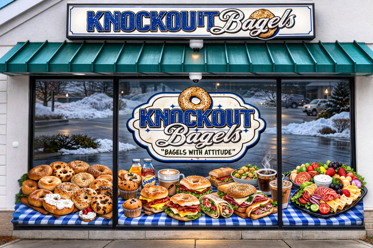 Front view of a bakery storefront named 'Knockout Bagels' with a tagline 'Bagels with Attitude'. The window display shows assorted bagels, sandwiches, muffins, beverages, a salad, and fresh fruit on a blue checkered tablecloth outside on snowy ground.