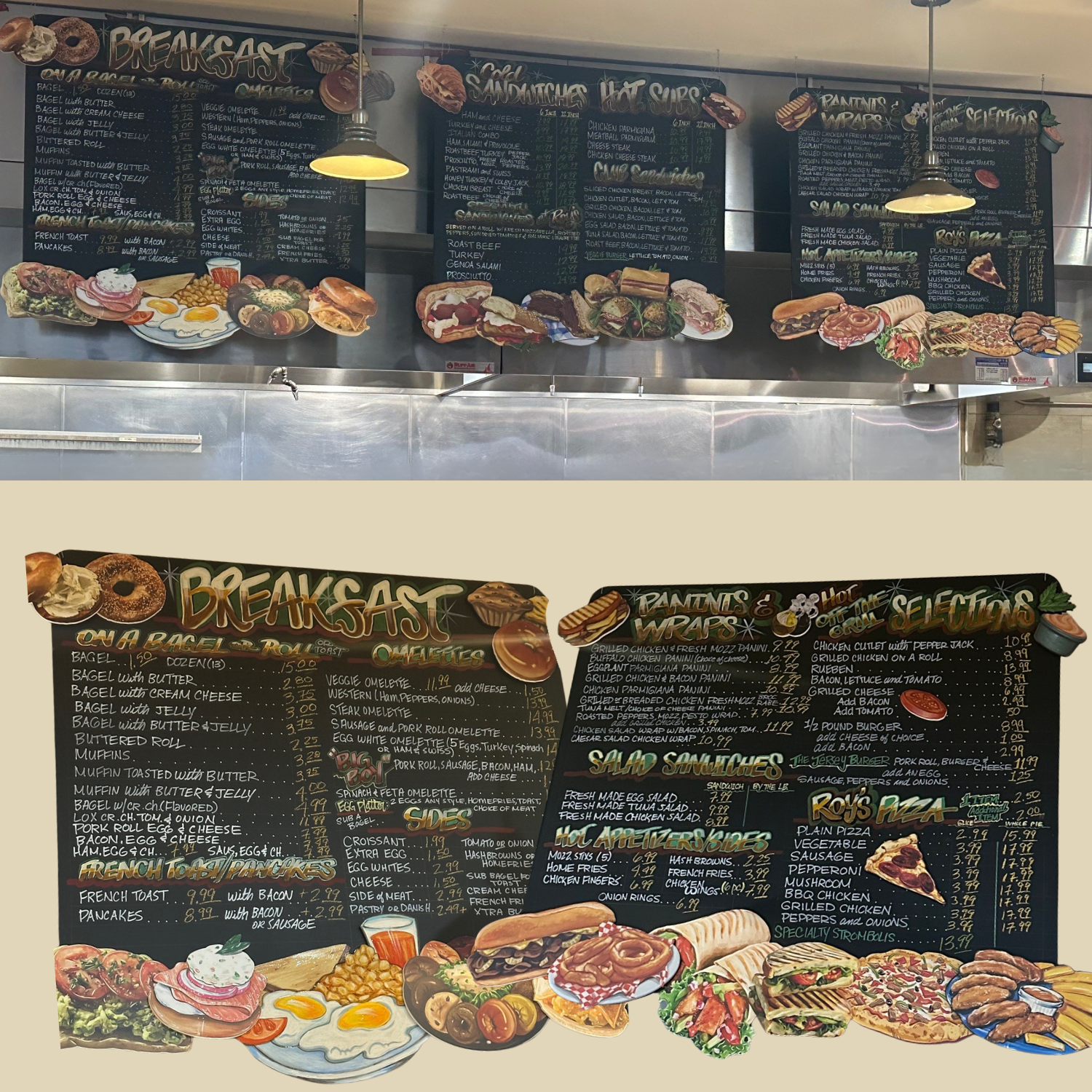 Colorful breakfast and lunch menu boards featuring various food options like bagels, omelets, sandwiches, hot soups, appetizers, salads, and pizza, with illustrated images of breakfast items, sandwiches, and pizza at the bottom.