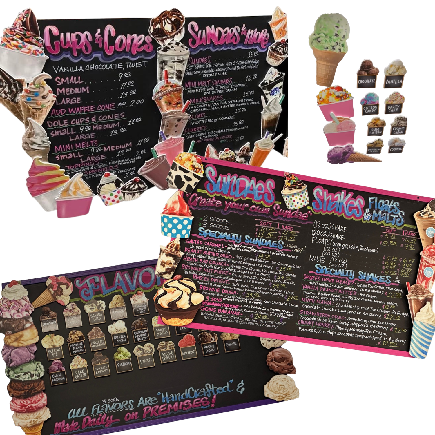 Various colorful ice cream and dessert menu boards featuring ice cream, sundaes, shakes, floats, and cupcakes with handwritten descriptions and prices.