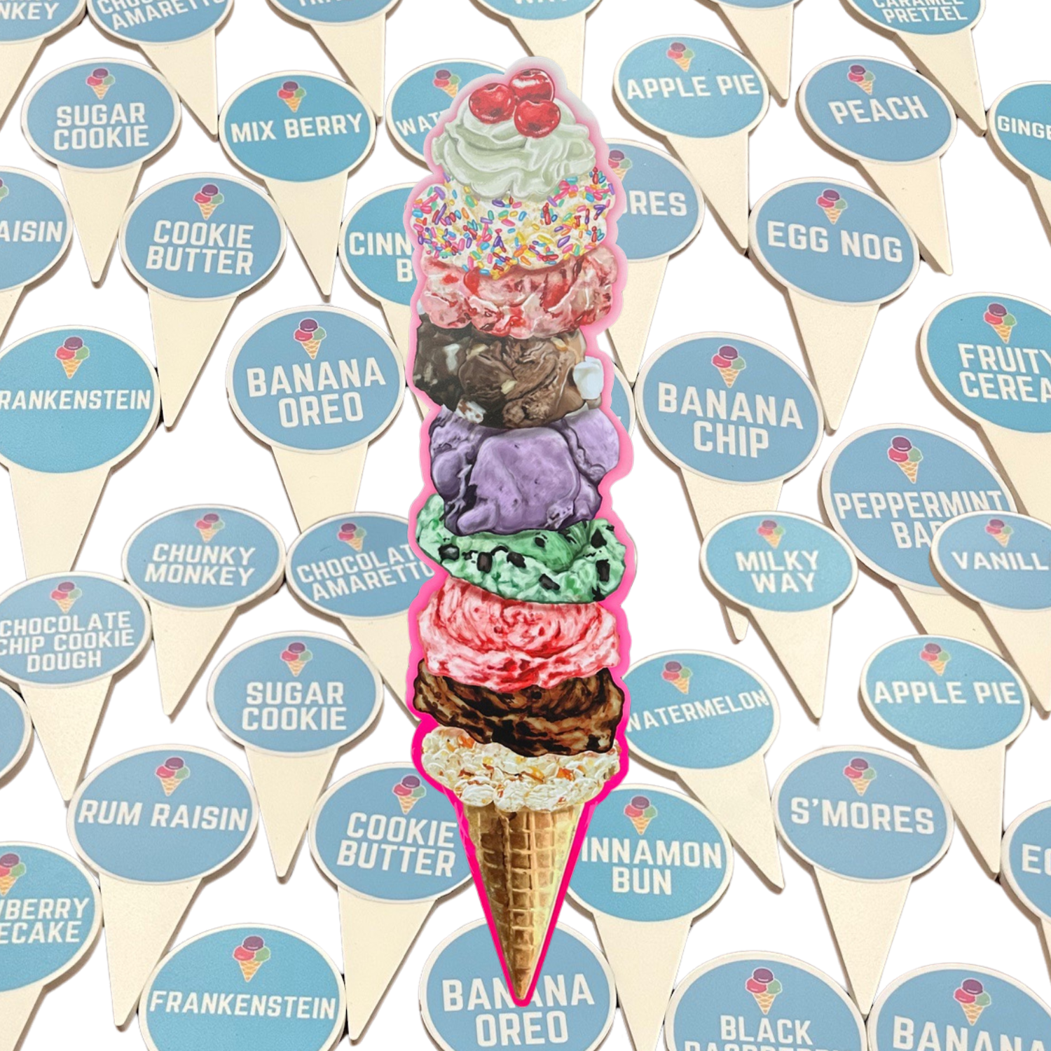 A colorful, multi-scoop ice cream cone with stacked scoops of different flavors, topped with whipped cream and cherries, surrounded by numerous ice cream flavor labels on blue circular tags.