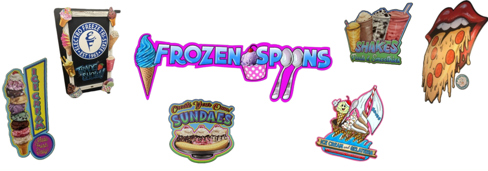 Colorful collection of ice cream, frozen treats, and dessert signs, including ice cream cones, sundaes, shakes, and pizza.