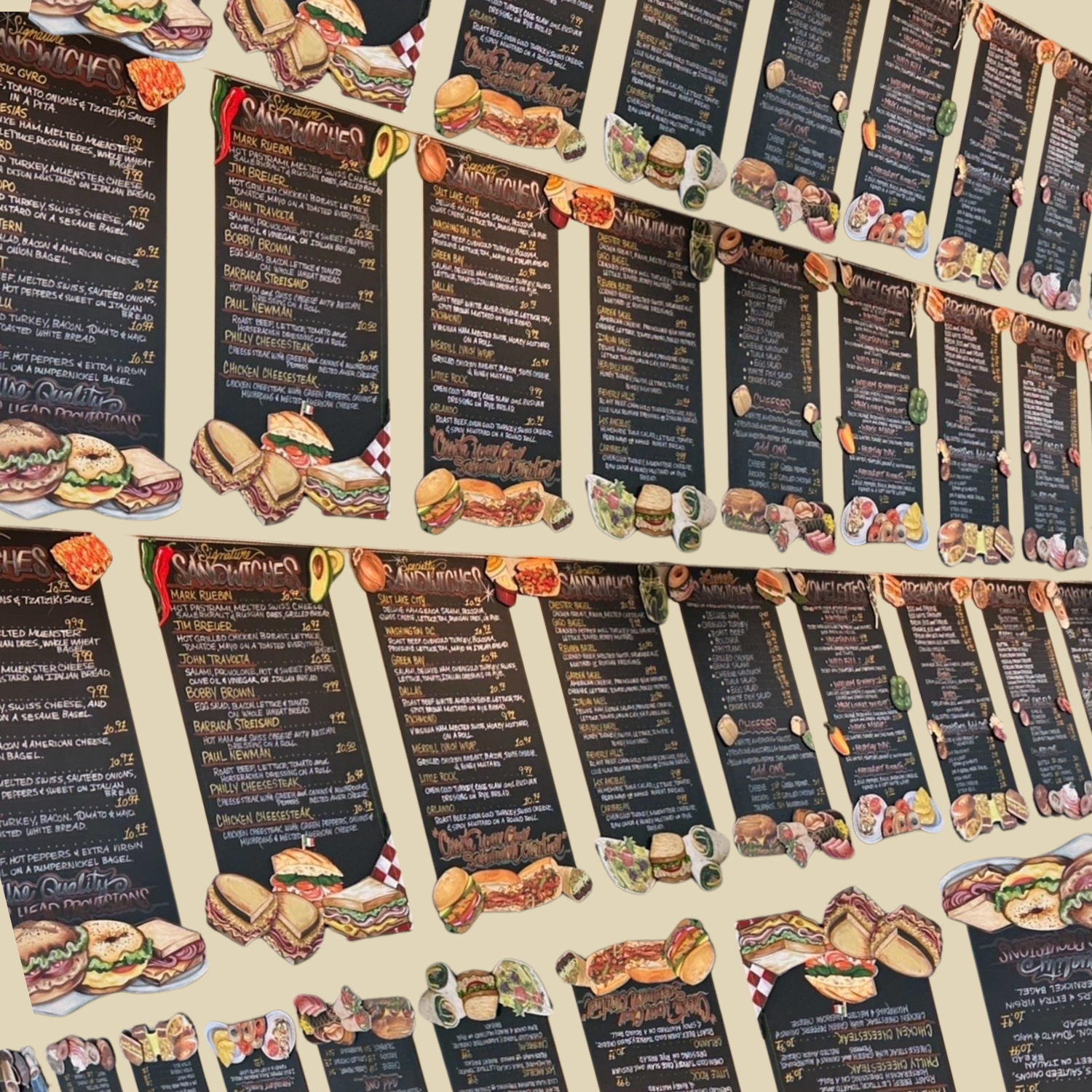 Repeating pattern of restaurant menu boards with sandwich illustrations and individual sandwich images on a beige background.