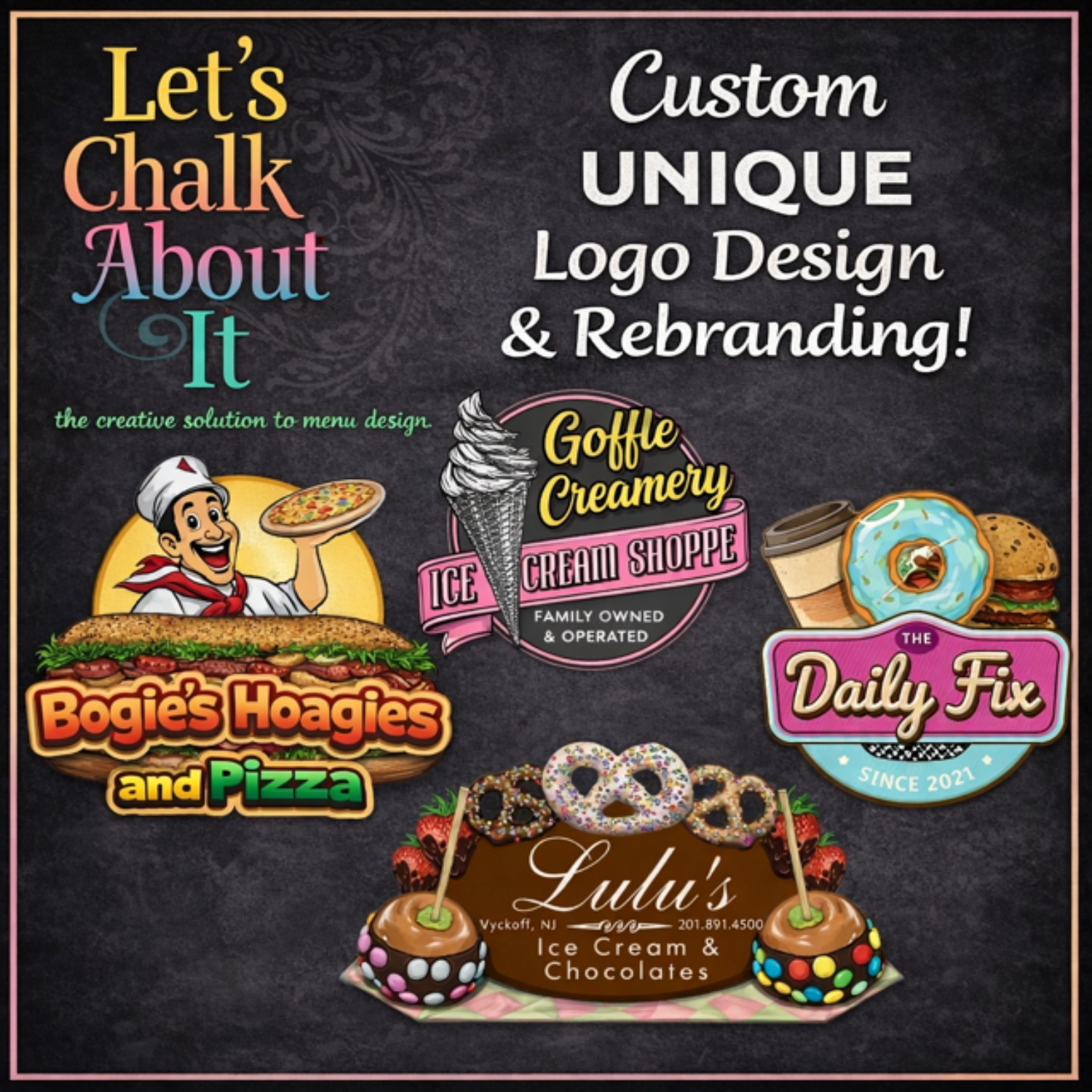 A colorful advertisement for custom logo design and rebranding services featuring food-themed logos, including a pizza, ice cream cone, doughnuts, a sandwich, and chocolate-covered apples.
