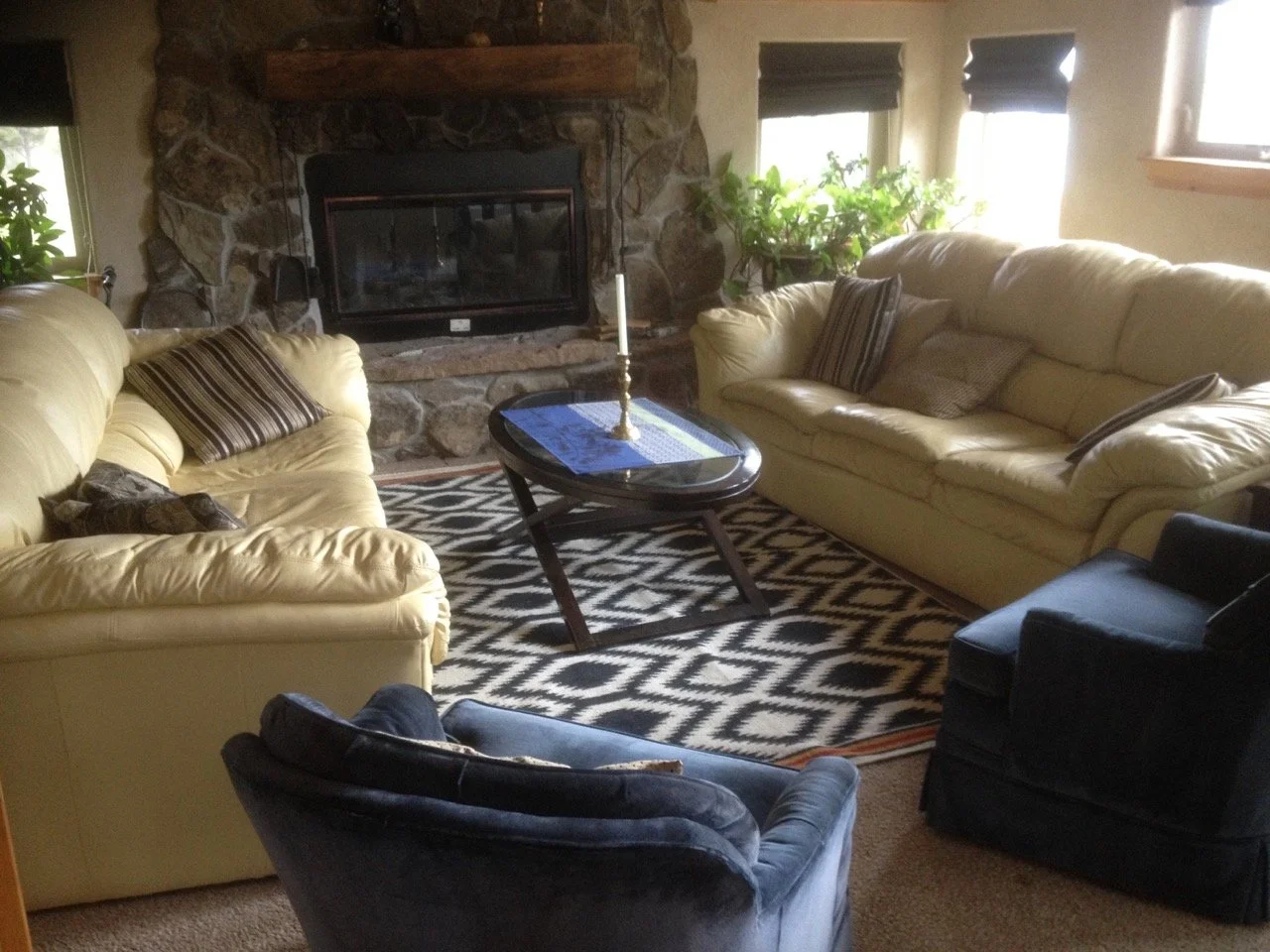Cozy hearth room in the common house. 
