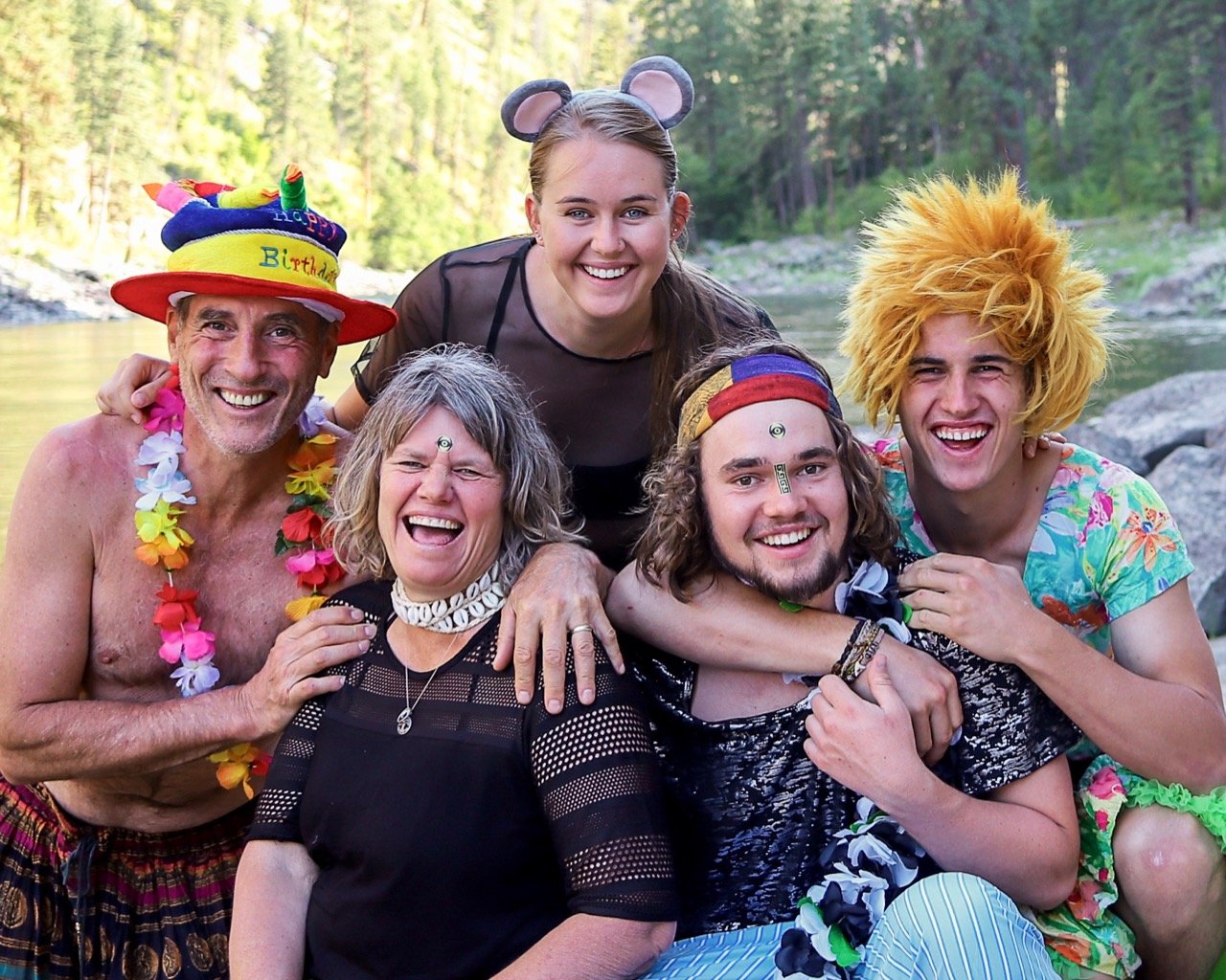 Mac, Sandy, Helen, Al, and Joe getting goofy on a white water river trip.