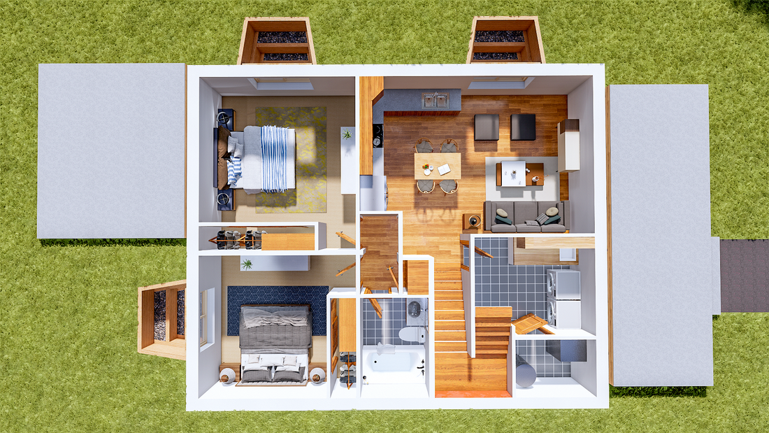 A 3D floor plan of a house showing two bedrooms, a bathroom, a kitchen, a dining area, and a living room with furniture.