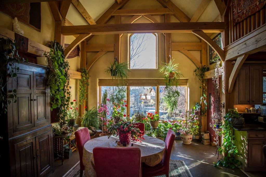 Sunlit dining area with a round table, pink chairs, and lush indoor plants next to large windows in a wooden-beamed room.