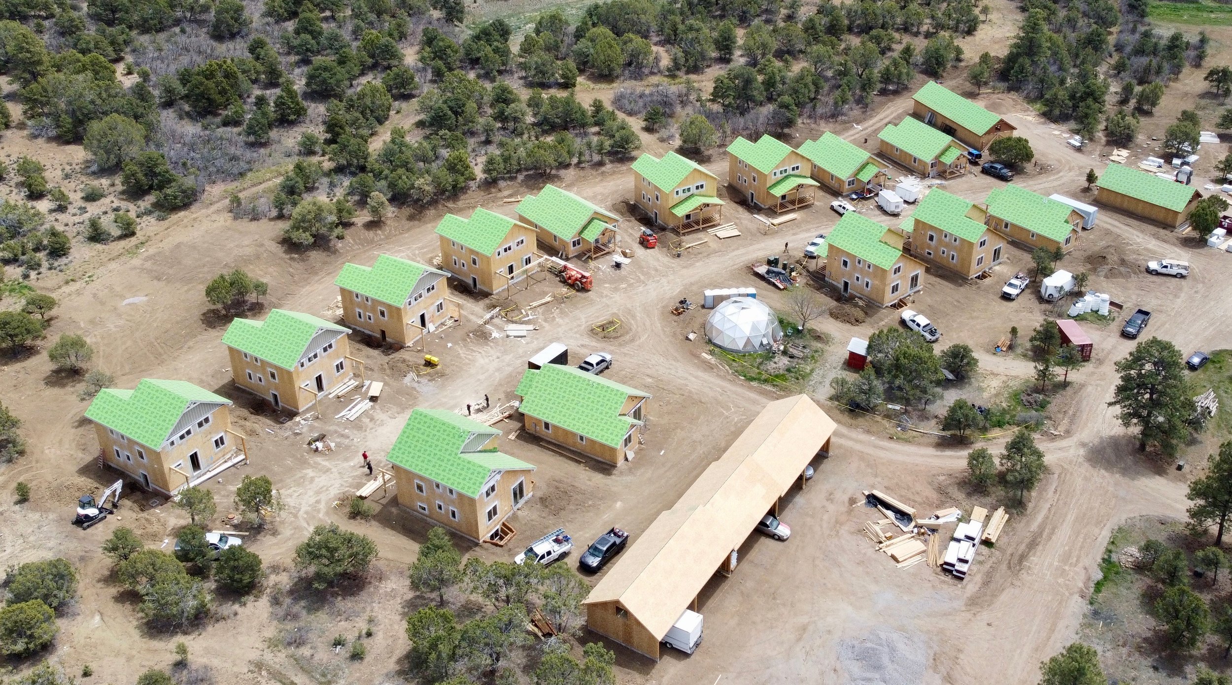 Fourteen super energy efficient homes  (with temporary green roofs), adjacent to Heartwood's original 24 homes and surrounded by forest.