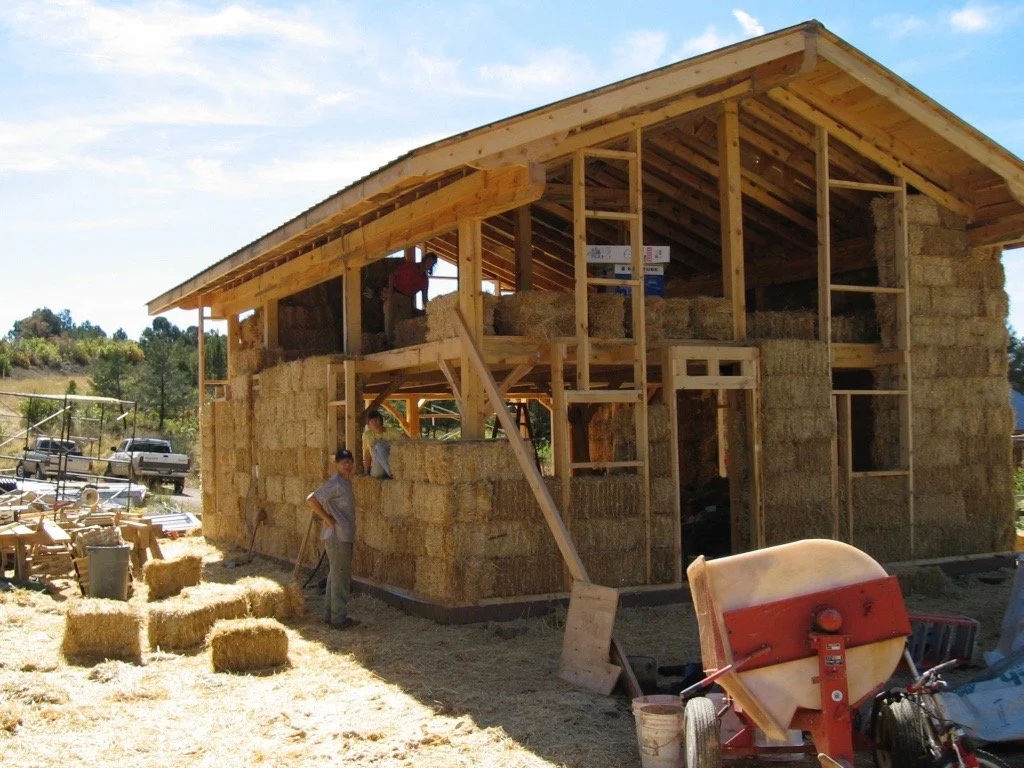 Strawbale timber frame home under construction.