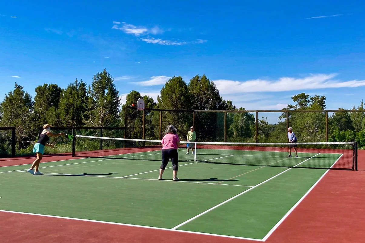 Four people playing pickleball on a green outdoor court with a red border, surrounded by trees under a blue sky with some clouds.