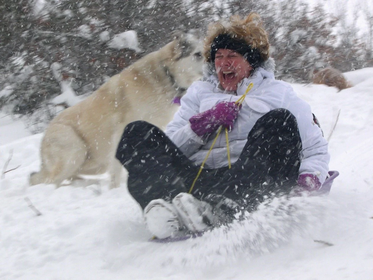 Sondra cutting loose on the sledding hill.