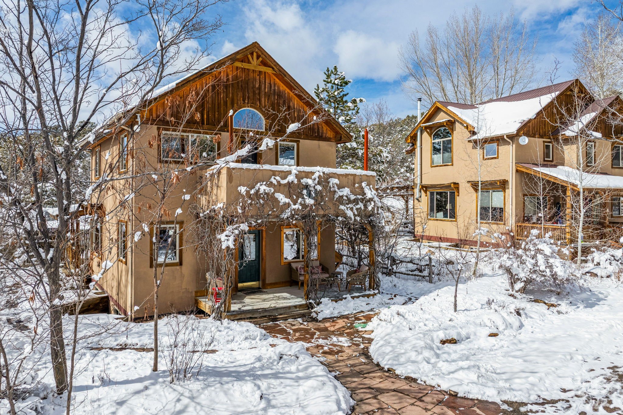Snow-covered residential neighborhood with multiple two-story houses, trees, and a stone pathway. The houses have wood and stucco exteriors with large windows, and snow is on the roofs and ground.
