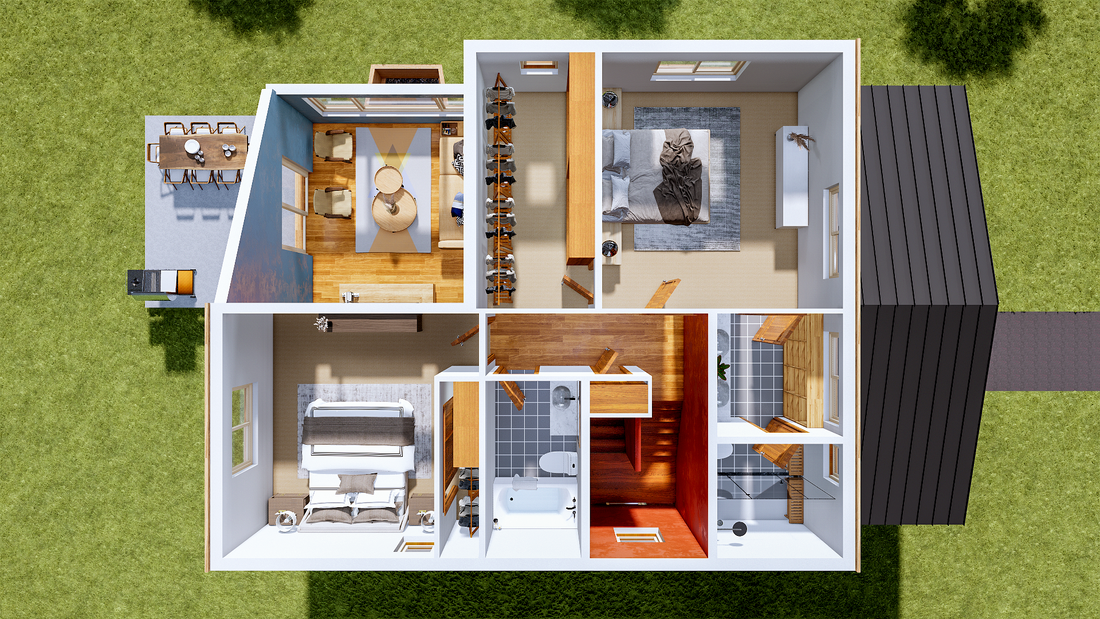 A top view of a house floor plan showing bedrooms, bathroom, living room, dining area, and outdoor patio.