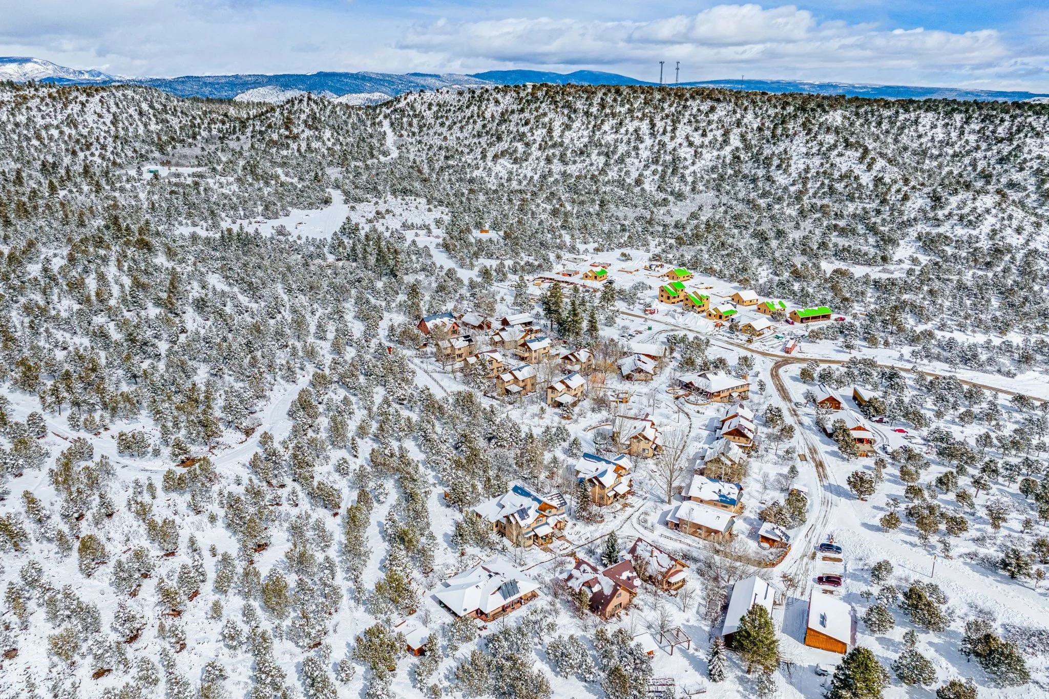 A snowy mountain landscape with a small village of houses, some with green roofs, surrounded by trees and winding roads.