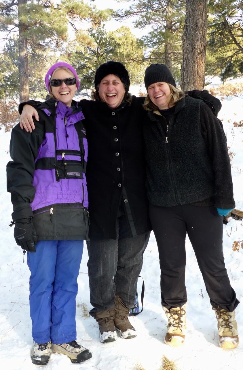 Beth, Julie, and Sandy having fun at a sledding party.