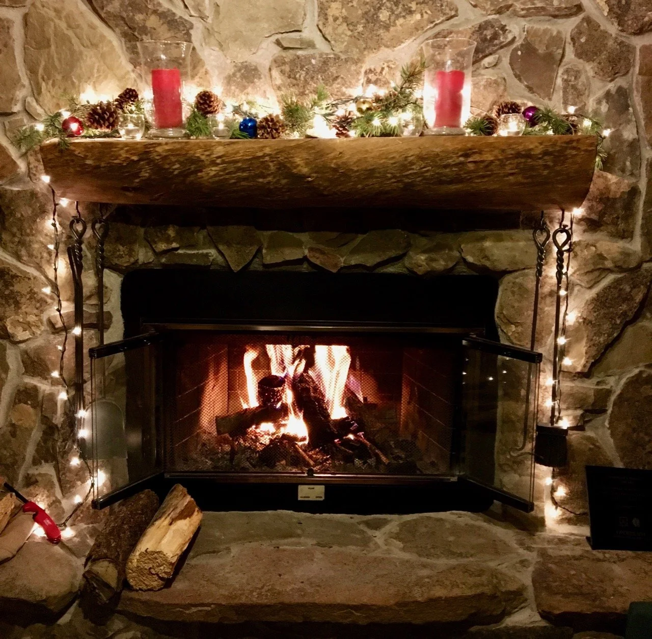 A fire in the hearth room brightens the holidays.