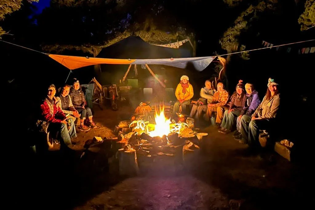 People sitting around a campfire at night, surrounded by trees and canopy, with supplies and lanterns nearby.