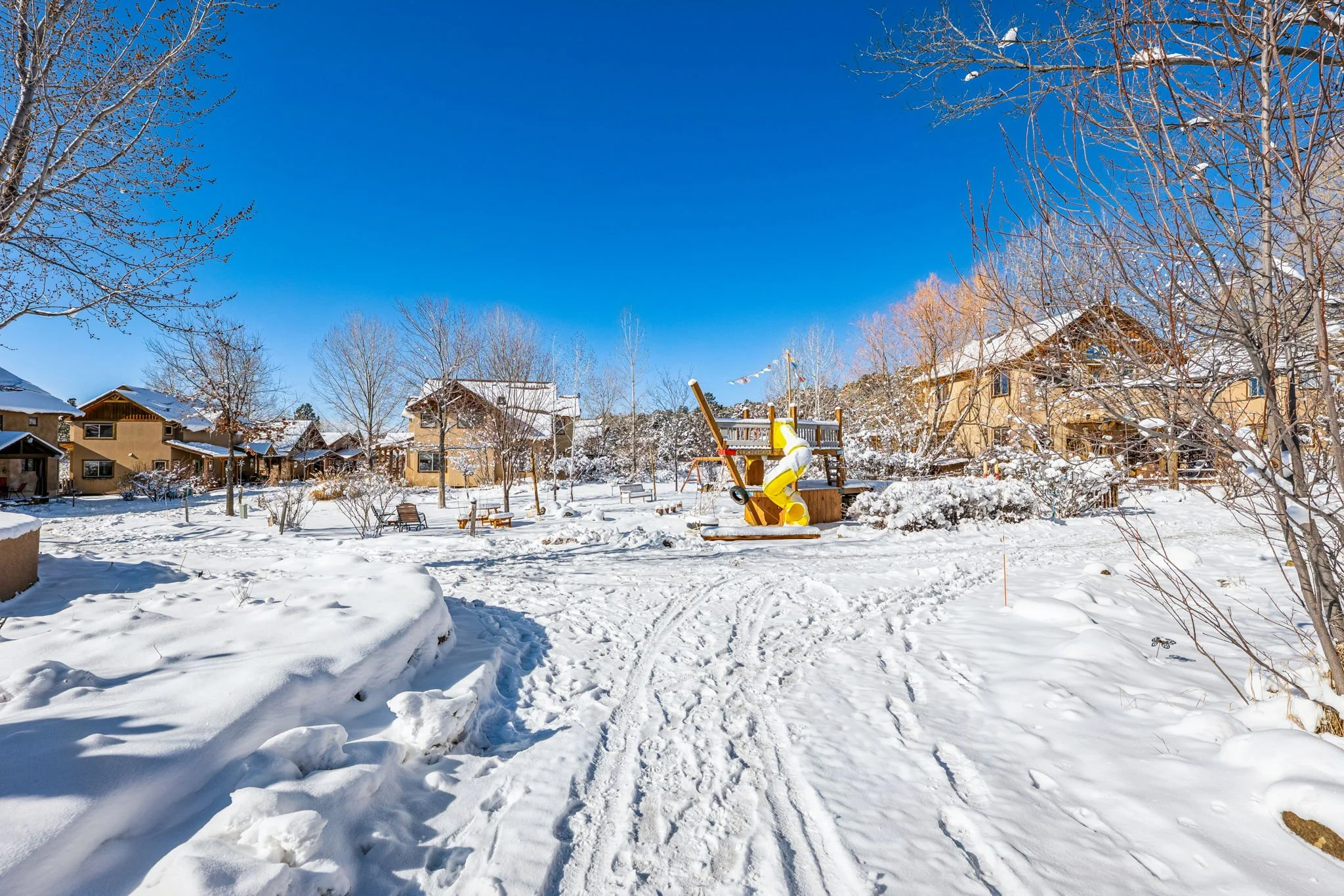 Snow-covered playground with a slide and a swing set, surrounded by trees and residential houses under a clear blue sky.