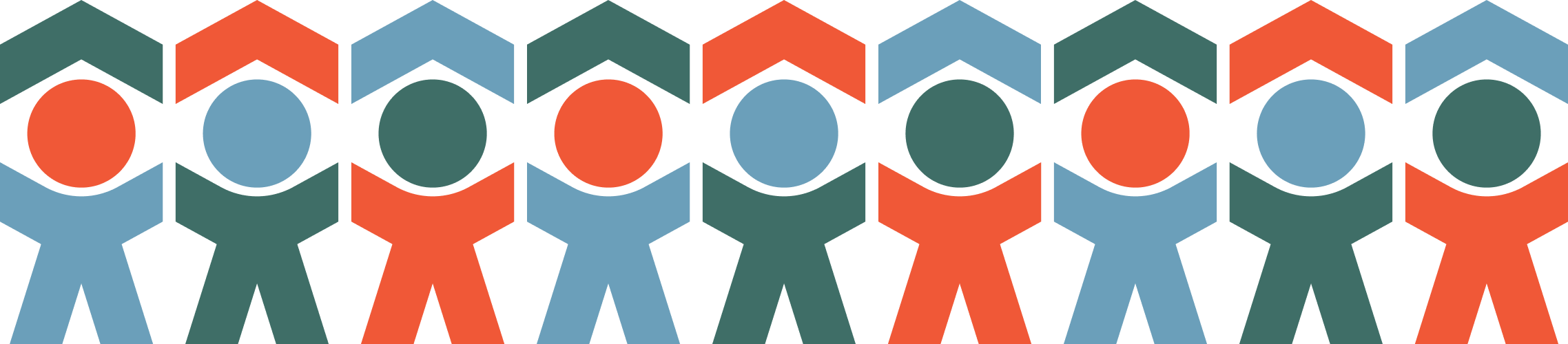 Pattern of stylized human figures holding hands, in alternating red, blue, and green colors, arranged in a repeating sequence.