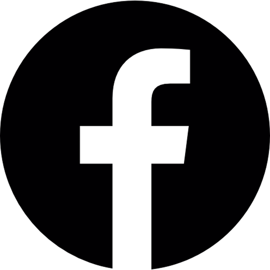 Facebook logo with white lowercase 'f' on a black circular background.