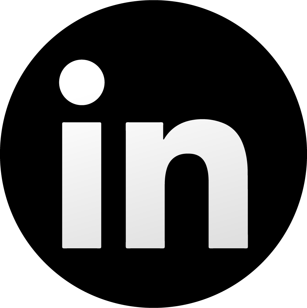 LinkedIn logo with a black circular background and white lowercase letters 'in' in the center.