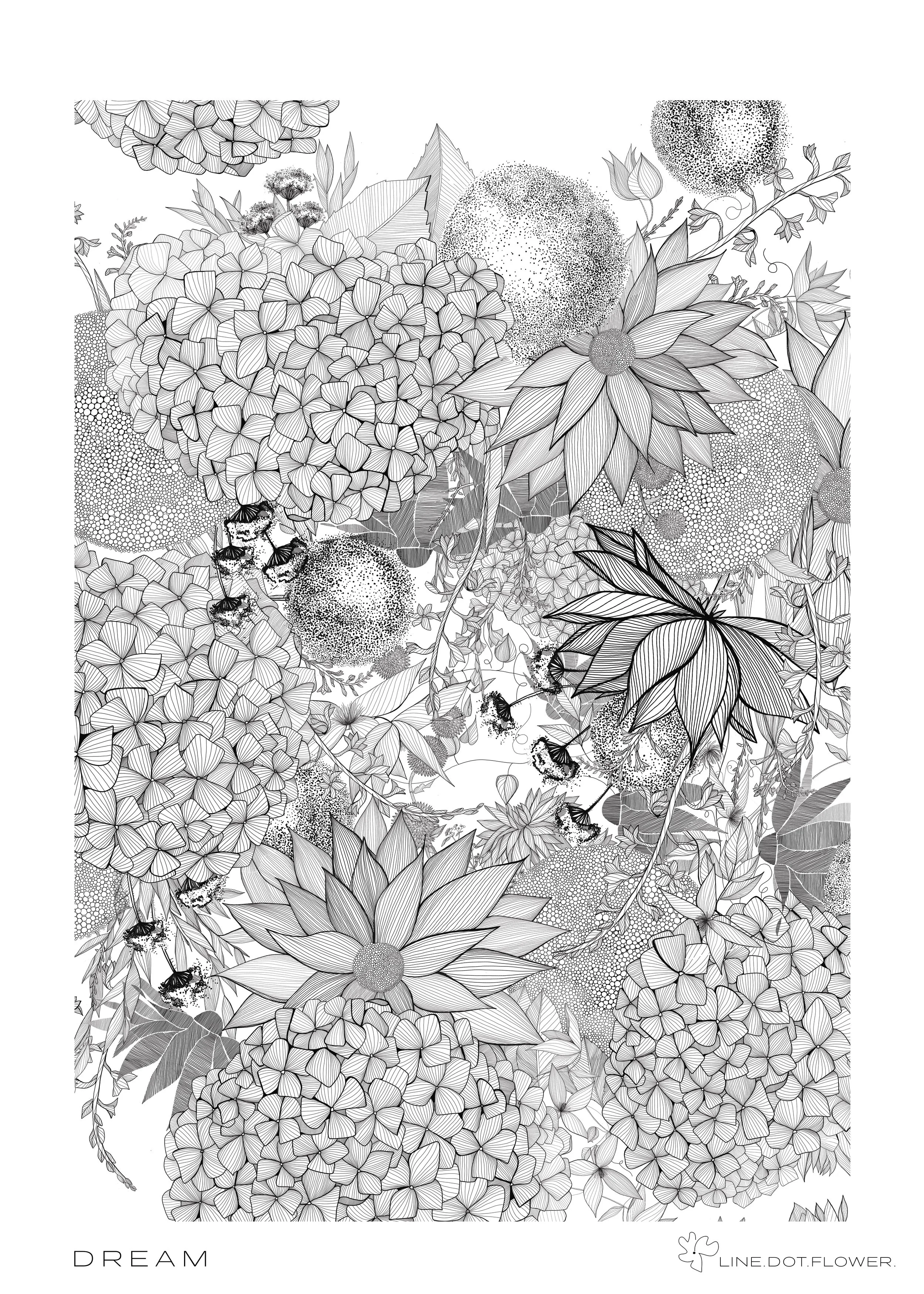 Black and white botanical line art illustration featuring various flowers, leaves, and plants, with the word 'DREAM' at the bottom left and a small logo with a flower and the text 'LINE.DOT.FLOWER' at the bottom right.