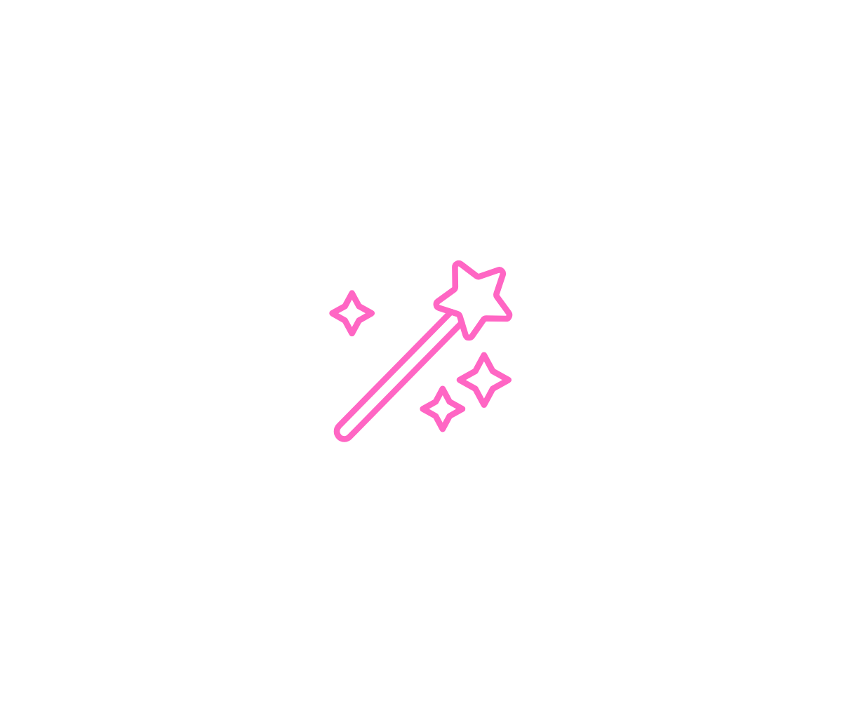 Digital illustration of a magic wand with sparkles, drawn with pink neon lines on a black background.