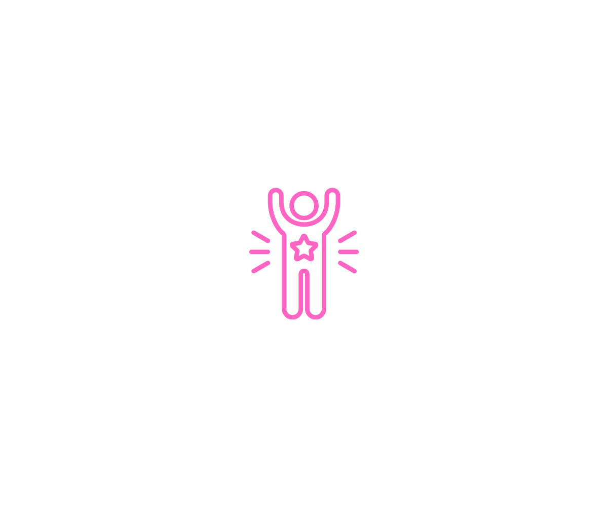 Pink line drawing of a person with arms raised and a star on the chest, surrounded by lines indicating excitement or achievement.