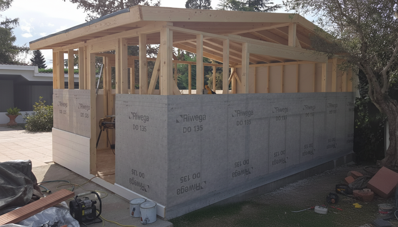 Construcción de una estructura de madera para una casa en progreso, con paredes de aislante y madera en el techo y paredes.