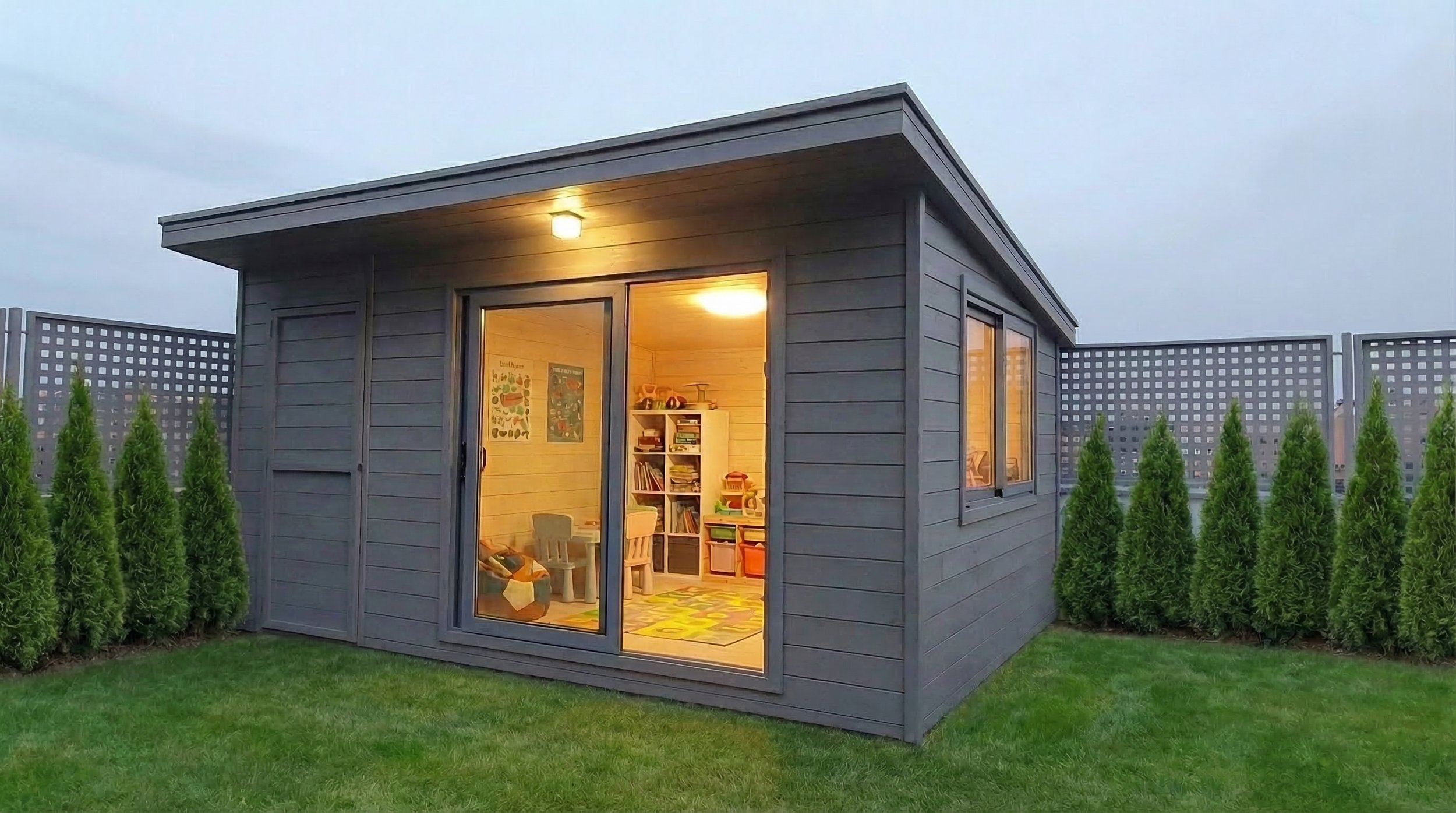 Cabaña de madera infantil de diseño en jardín privado, refugio de juegos para niños con acabados naturales.