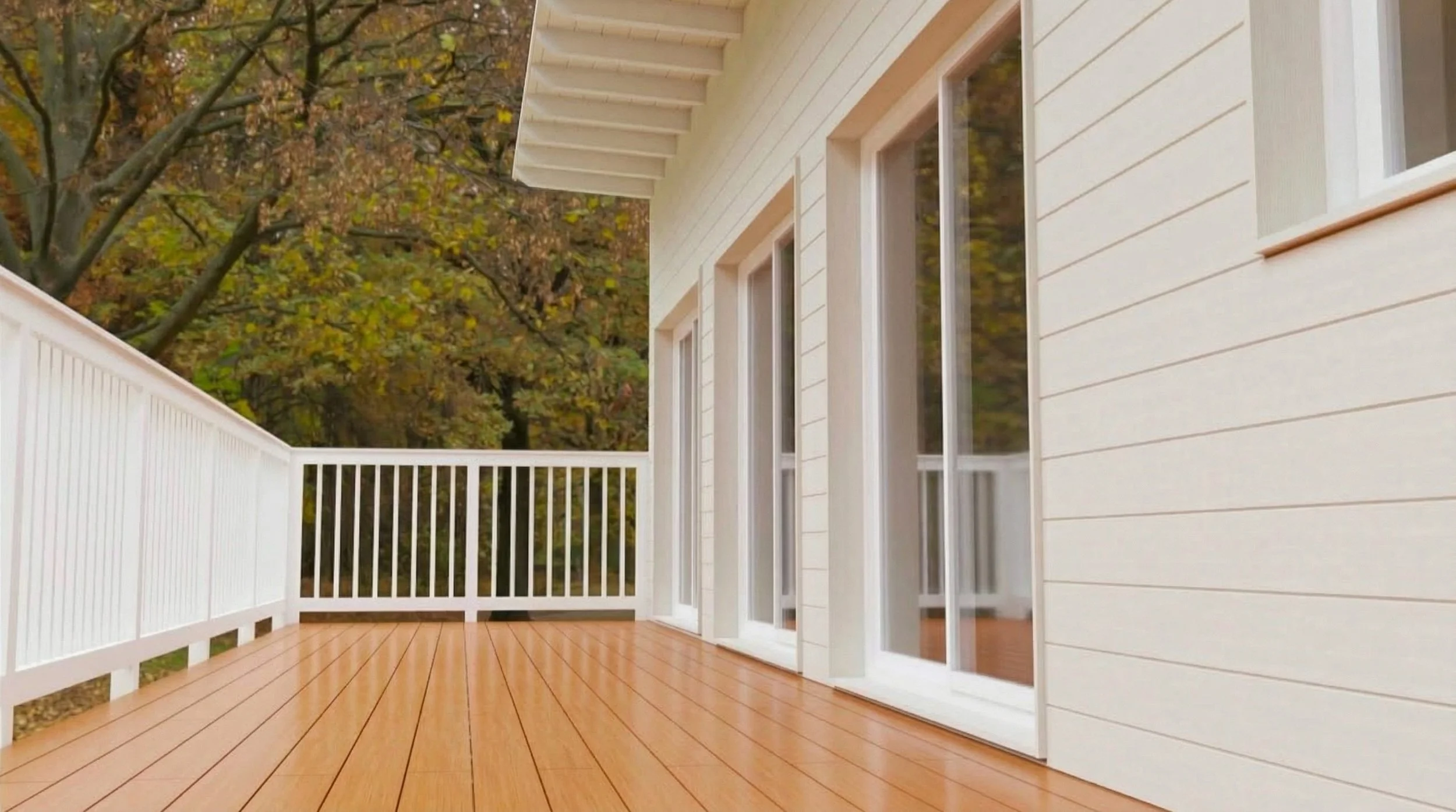 Balcón de una casa con pisos de madera y barandilla blanca, con puertas correderas de vidrio que llevan a interiores, y árboles con hojas caídas en otoño en el fondo.