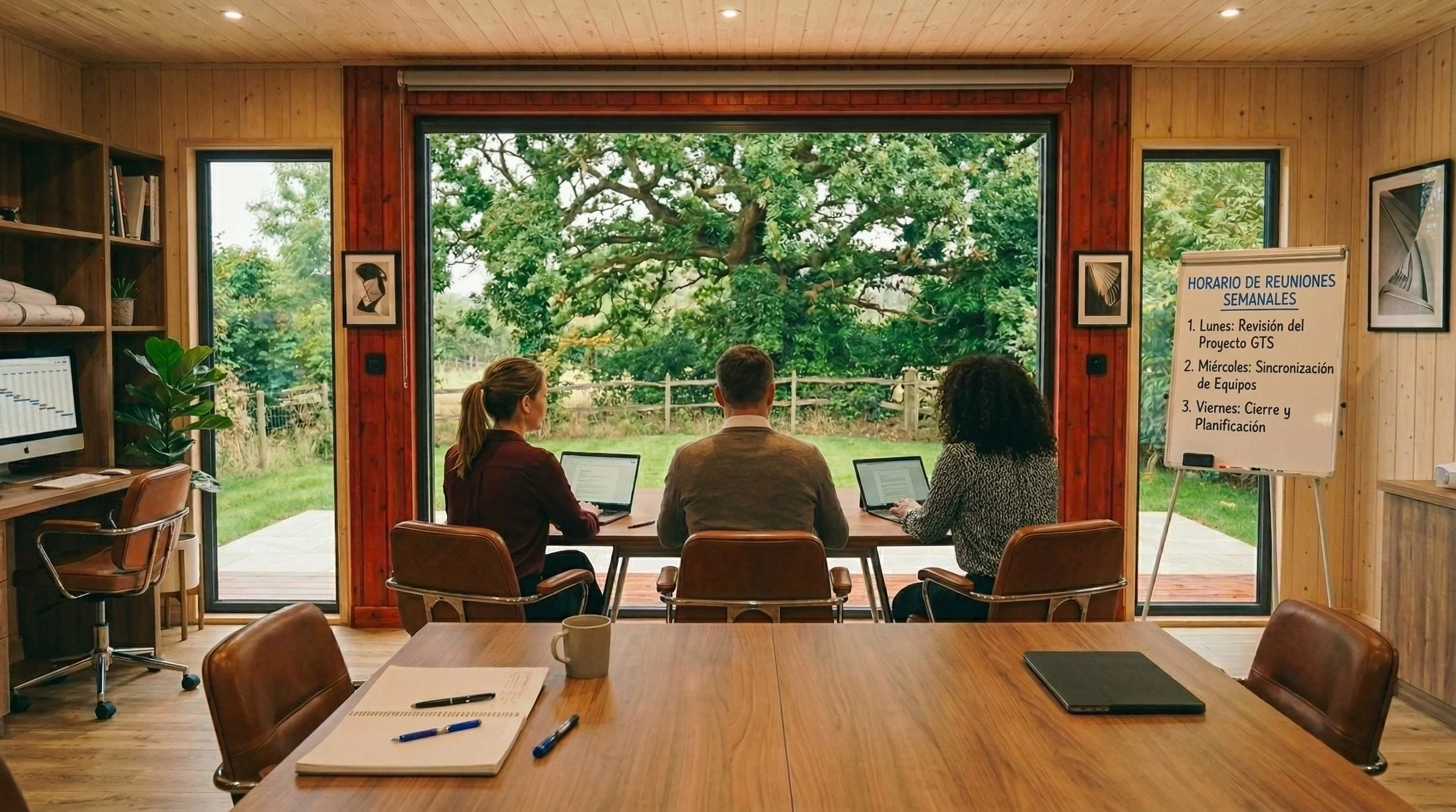Tres personas en una sala de reuniones con computadoras portátiles, viendo hacia un jardín con árboles desde una ventana grande. Hay una pizarra blanca con horarios semanales y cuadros en las paredes.