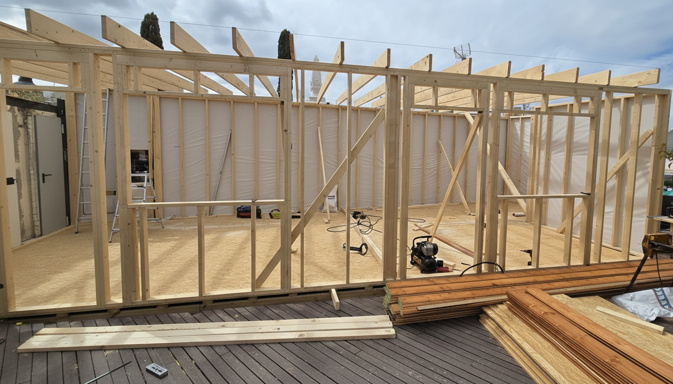 Construcción de estructura de madera de una casa o sala, con paredes y techos en proceso.