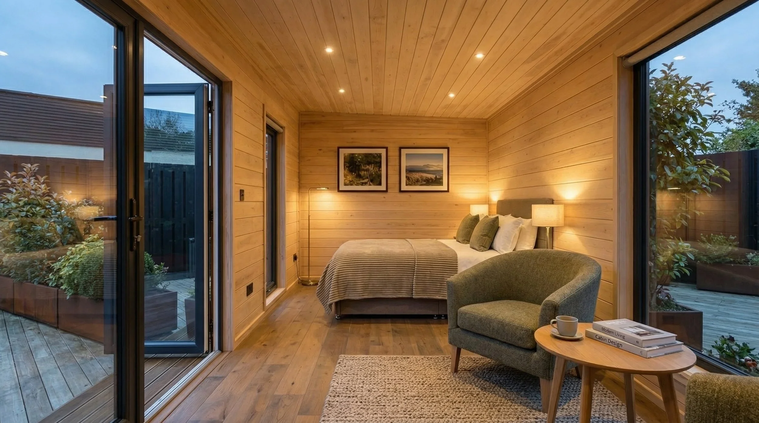 Habitación de invitados de madera en exterior opción airbnb.
